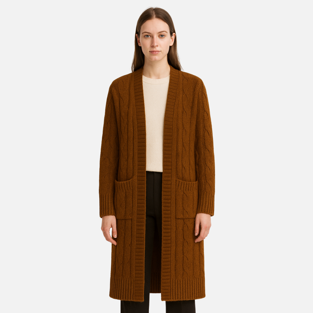 Women’s Long Cable Knit Cardigan – Cozy Open Front Sweater