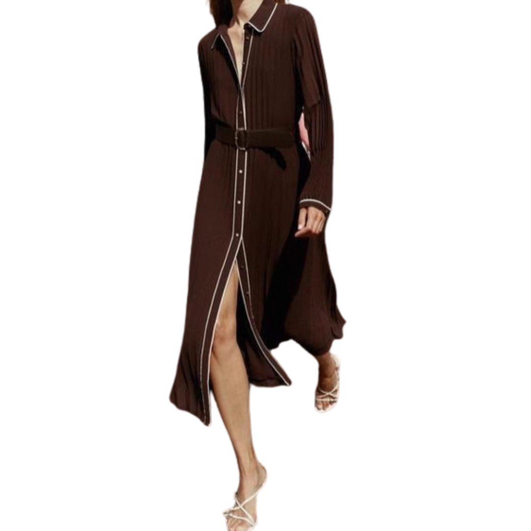 Women’s Brown Pleated Midi Shirt Dress with Belt