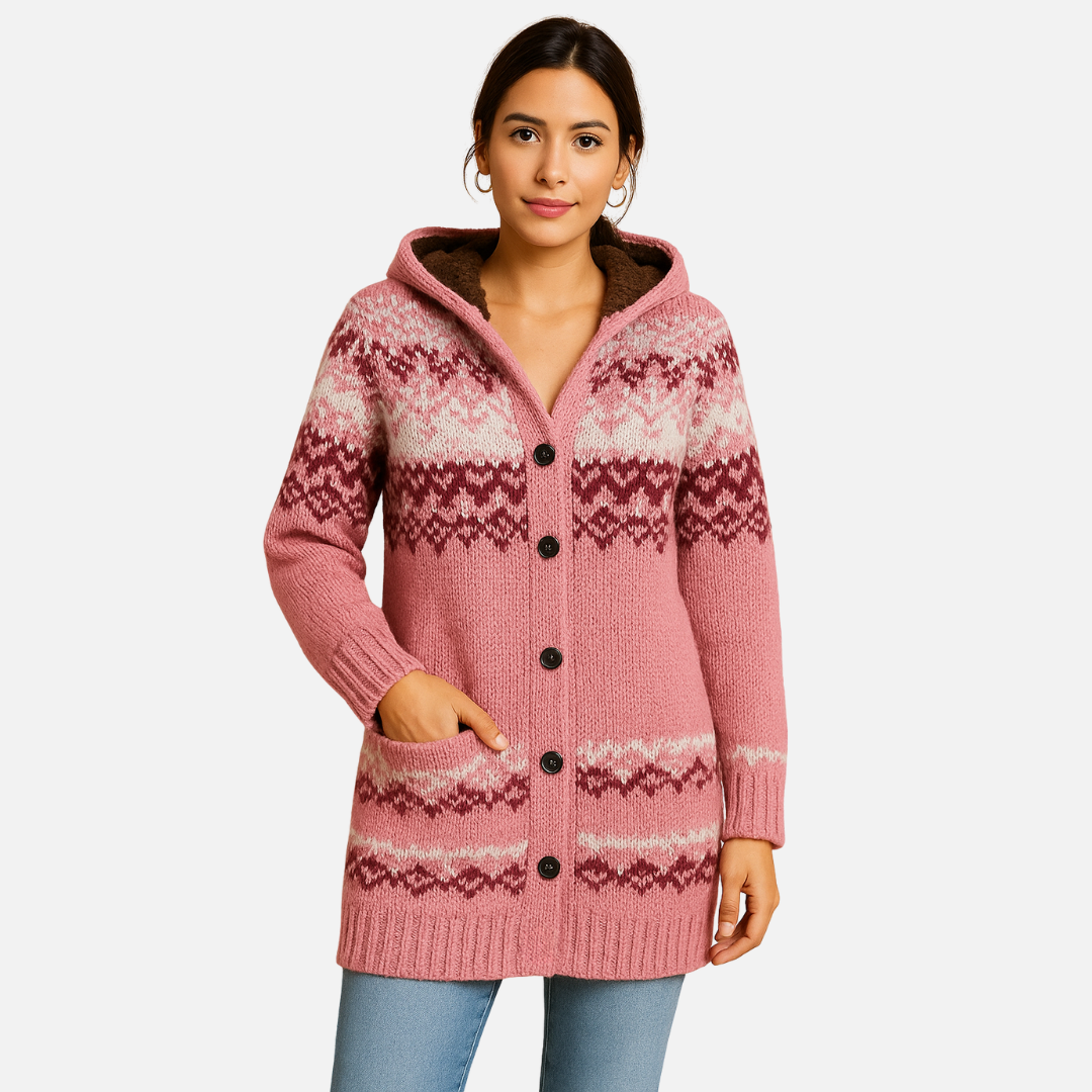 Women’s Knitted Hooded Cardigan – Nordic Pattern Cardigan