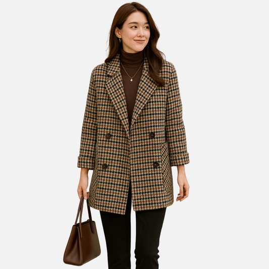 Women’s Checkered Blazer – Classic Double Breasted Jacket