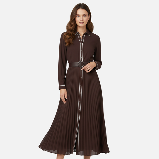 Women’s Brown Pleated Midi Shirt Dress with Belt