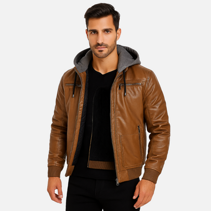 Men's Faux Leather Jacket - Hooded Bomber Jacket