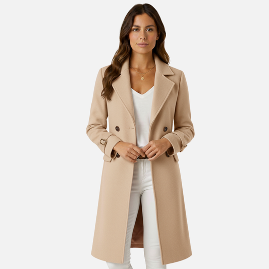 Women’s Elegant Long Coat – Wool Blend Double-Breasted Jacket
