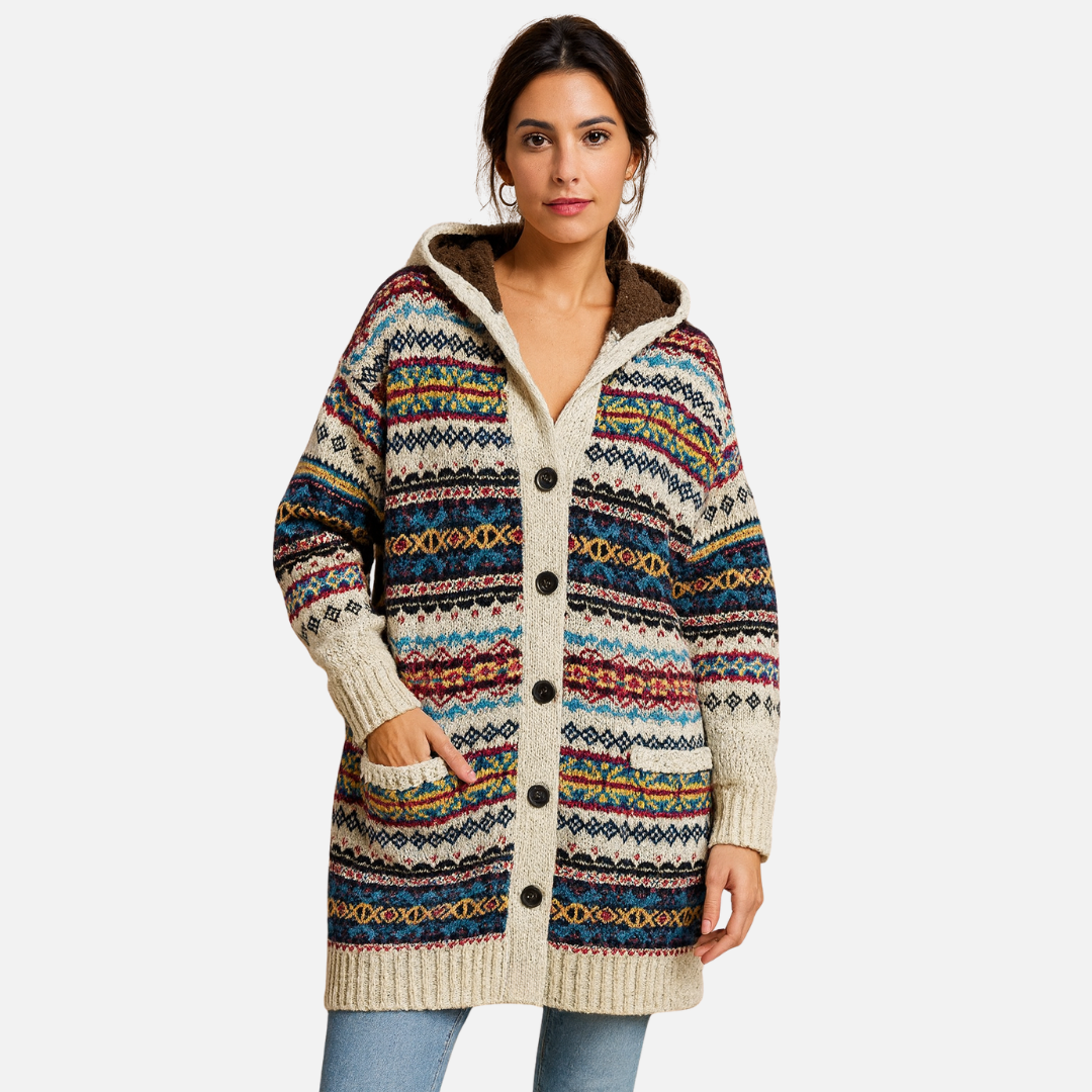 Women’s Knitted Hooded Cardigan – Nordic Pattern Cardigan