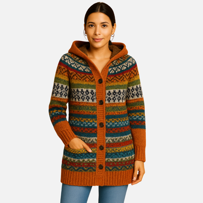 Women’s Knitted Hooded Cardigan – Nordic Pattern Cardigan