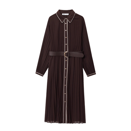 Women’s Brown Pleated Midi Shirt Dress with Belt