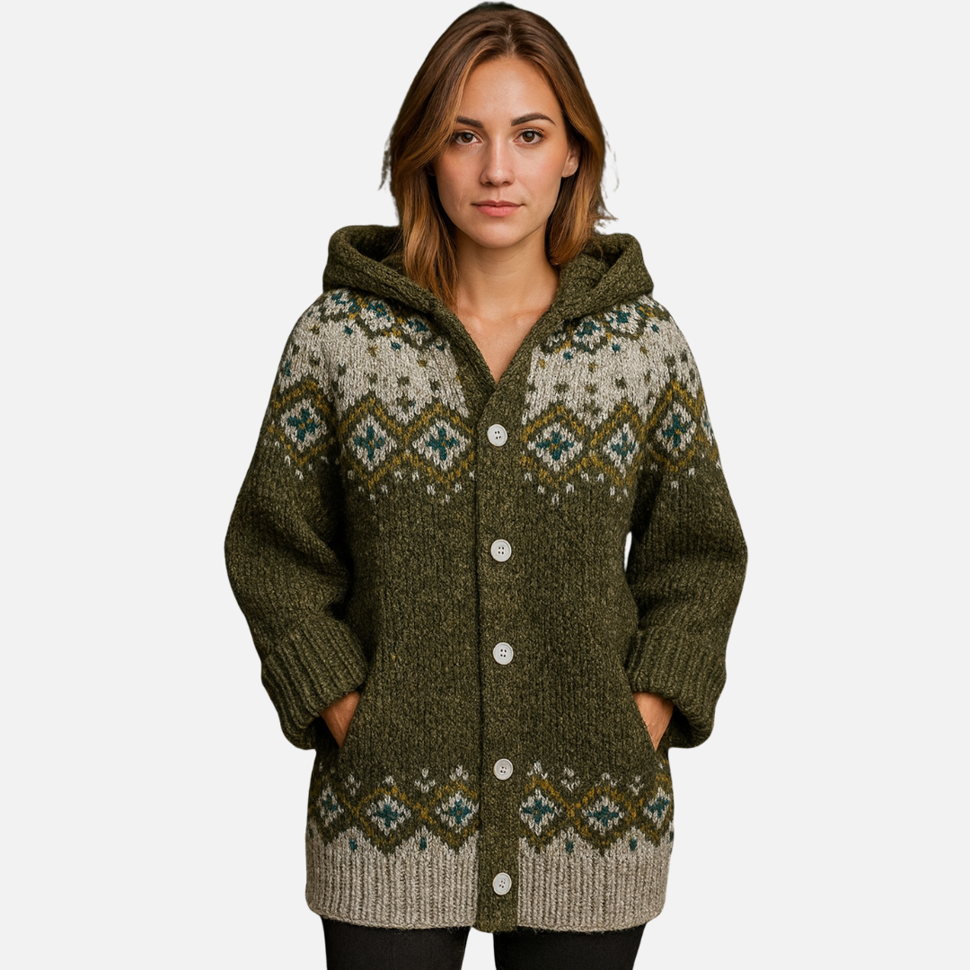 Women’s Knitted Hooded Cardigan – Nordic Pattern Cardigan
