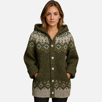 Women’s Knitted Hooded Cardigan – Nordic Pattern Cardigan