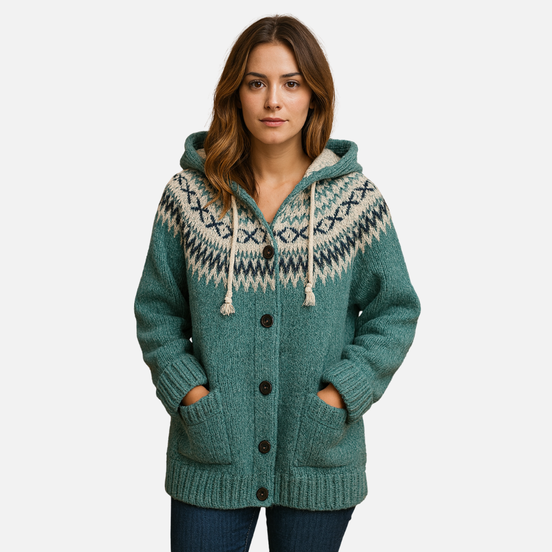 Women’s Knitted Hooded Cardigan – Nordic Pattern Cardigan