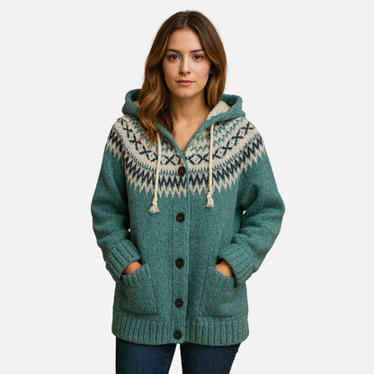 Women’s Knitted Hooded Cardigan – Nordic Pattern Cardigan