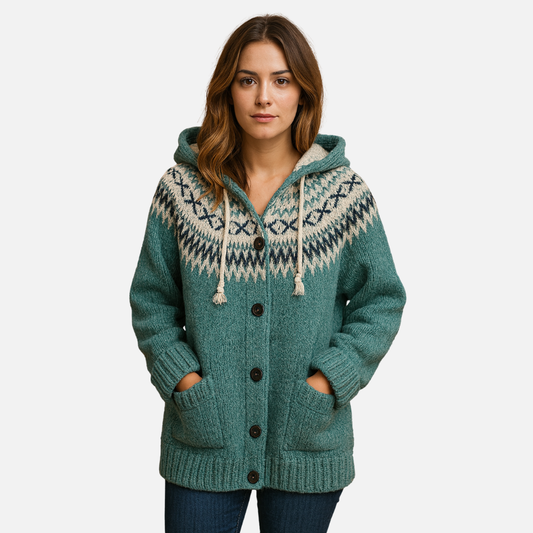 Women’s Knitted Hooded Cardigan – Nordic Pattern Cardigan