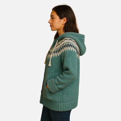Women’s Knitted Hooded Cardigan – Nordic Pattern Cardigan