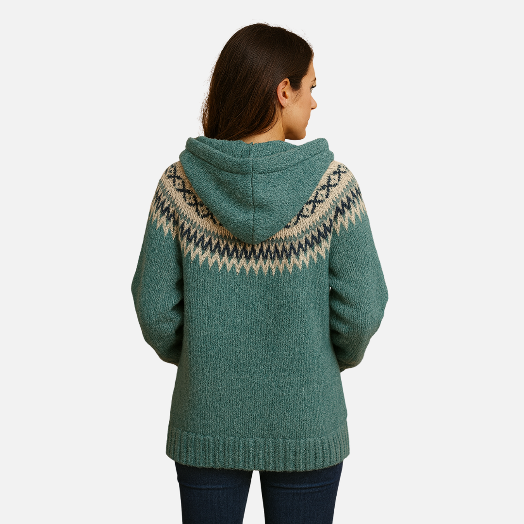 Women’s Knitted Hooded Cardigan – Nordic Pattern Cardigan