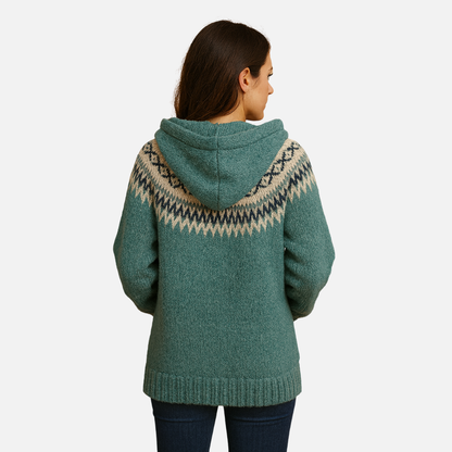 Women’s Knitted Hooded Cardigan – Nordic Pattern Cardigan