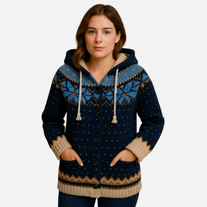 Women’s Knitted Hooded Cardigan – Nordic Pattern Cardigan